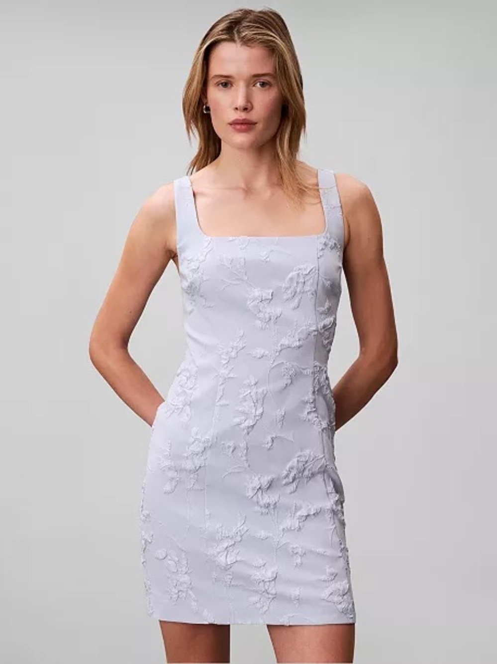 Square-Neck Embroidered Mini Dress in Light Lavender